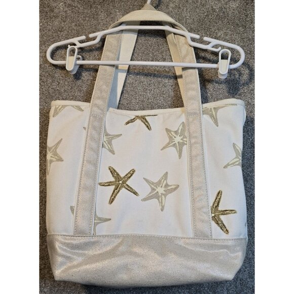 Lands' End Canvas Tote Bag Zips Shut Organize Pockets Starfish Beach Key Holder - Picture 6 of 16